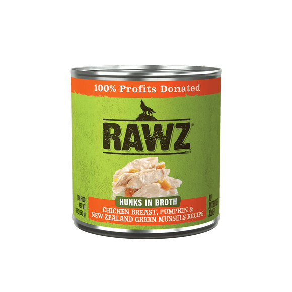 Rawz Hunks In Broth Chicken Breast, Pumpkin & New Zealand Green Mussels Dog Food Recipe (10 oz. Cans - Pack of 12)